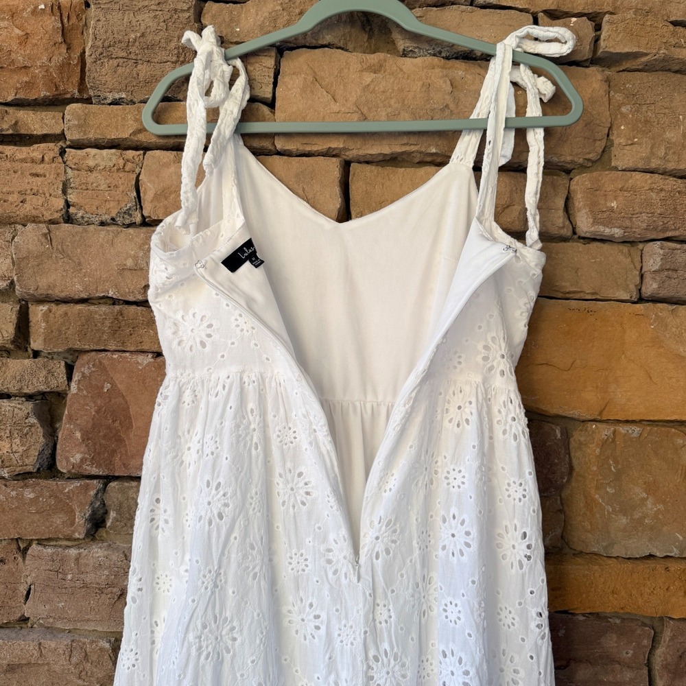 Lulus M White Eyelet Cotton Tie Strap Tiered Midi Dress Womens Graduation Easter - Picture 10 of 15